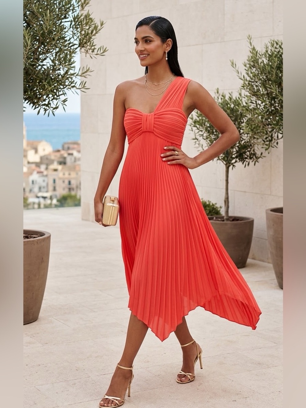 A.L.C. One-Shoulder Coral Pleated Midi Dress with Knotted Bust